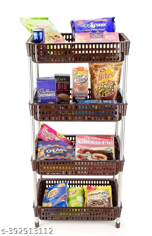 Bience Plastic Kitchen Stand Rack Basket for,Vegetable Plastic Basket, Stackable Storage Cart with Steel Pipe, Utility Rolling Stand Rack for Kitchen, (4 Layers, Brown)