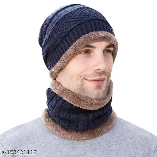 QUEERY Winter Beanie Cap With Cozy Neck Warmer -Navy Blue