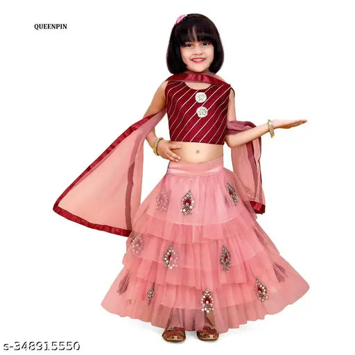 Queenpin Enterprise Festive Collection Peach Lehanga Cholis with Dupatta for Girl