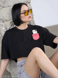 Excuse Me Polka Cat -Black Color Half Sleeve Cropped T-Shirts Drop Shoulder Round Neck Crop Tops Casual Summer Solid Color Women's & Girl's Basic Tees