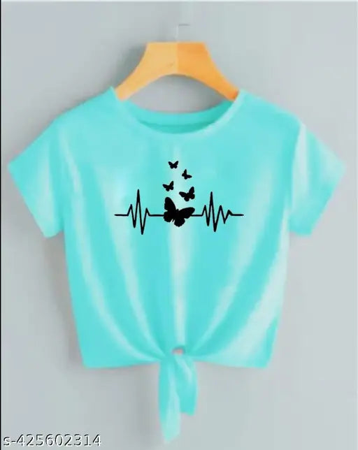 Sea Green Crop Top & T-Shirt for Women Beeeeeee Butterfly Printed