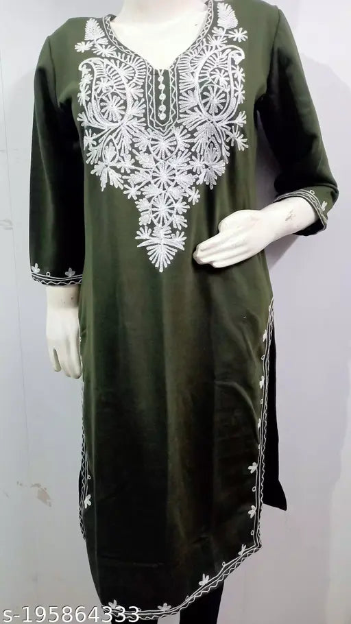 Stylish Olive Green Over White Embroidered Design Woolen Kurti for Women