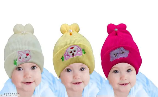 Newborn Baby Unisex Heavy Winter Care Soft Printed Multicolor Cap for Babies Toddler Kids Caps Boys Hat & Girls Topi Pack of 3