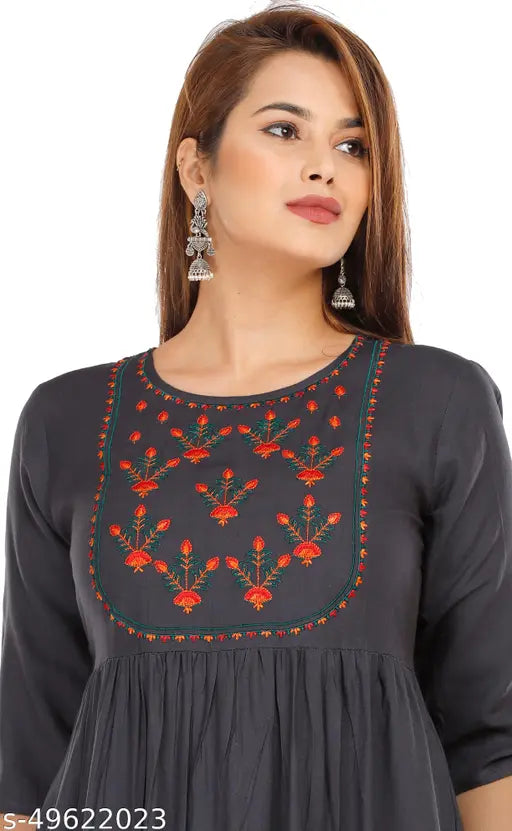 Women Rayon Trendy Solid Stylish Embroidered Gathered Anarkali Kurti Grey | Gown Regular Fit Kurta | Kurta Casual Wear Office Wear | Slitted Kurti For Jeans Leggings Women's Ladies