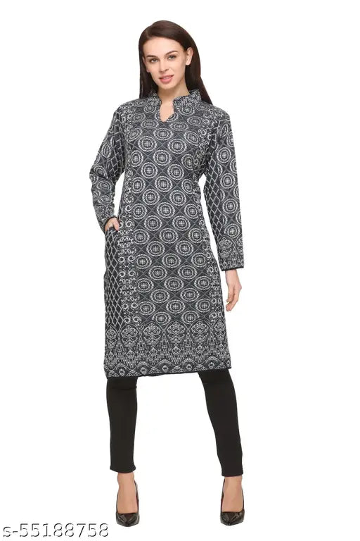 Women's A-line Printed Navy Blue Woollen Kurti