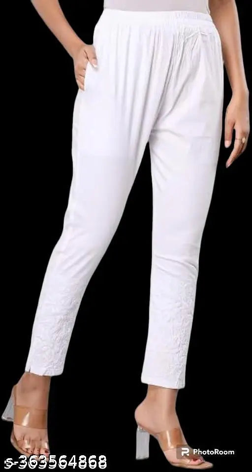 Women Chikankari Lycra Pant /Embroidery Streachable pant for ladies/Lucknowi embroidery pant/lycra pant for women