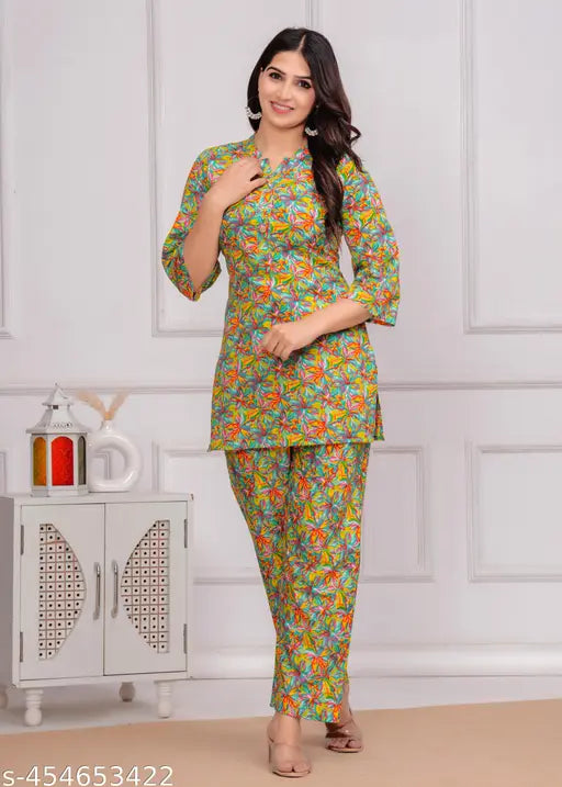 JAIPURFAME Women's Cotton All Over Floral Block Printed Night Suit Top And Pajama Set Stylish Women Nightsuits