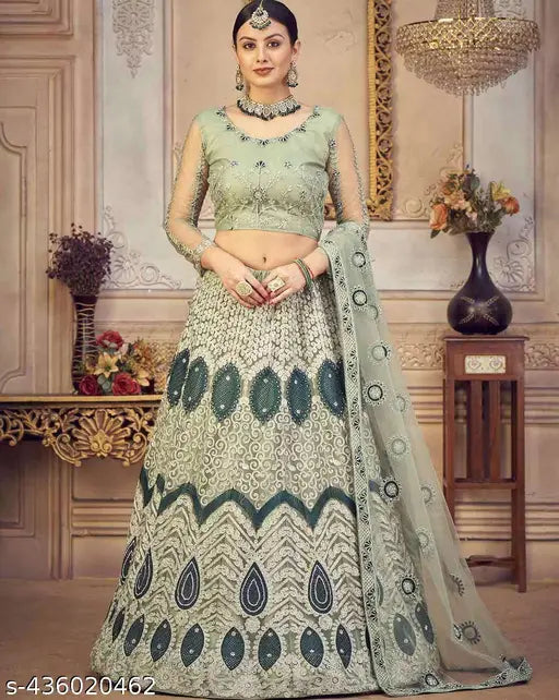 Jesani Creation Aliya Letest Trendy Design Ari Work Embridered Free Size Lehenga Choli Up to 2XL With Unstitched Blouse Piss/Sleeve, And Dupatta/Designer Lehenga /Wedding Lehenga/banarasi lehenga.