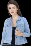 TIPKOO Womens & Girls Blue Full Sleeves Solid Denim Jacket for Casual Wear