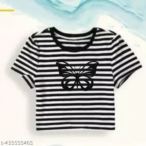 Stylish Striped unique Printed Cotton Fabric Top for Girls (Black) - Pack of 1