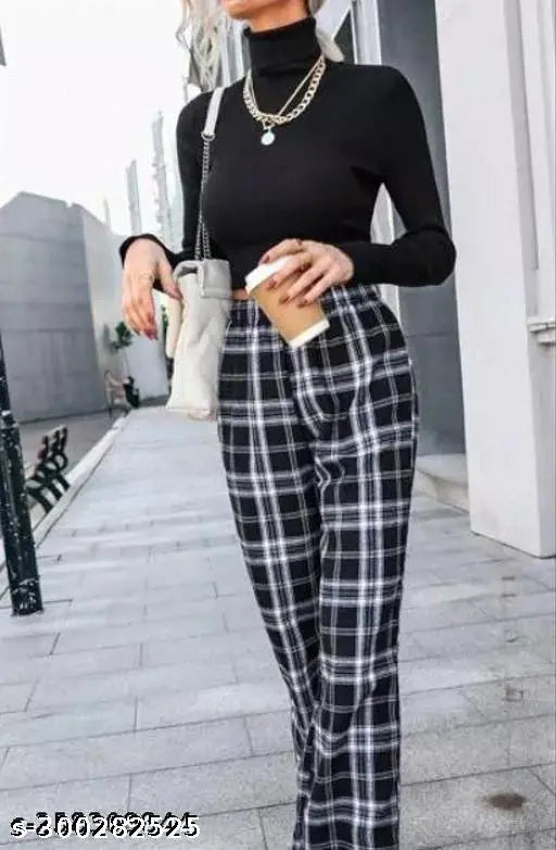 Latest Feminine Women Trouser & Pants Checked Trouser Pant Black Color Premium Quality Fabric Fancy Trouser Fashion For Women And Girls