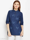 Avyanna Stylis Women's Navy Blue Laser Printed Denim Tunic