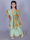 FabJunior Girls Green Cotton Floral Print Anarkali/Flared Kurta, Sharara & Dupatta Set