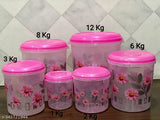 Veksin 6 Pcs Plastic Container set with beautiful design ( 12KG , 8KG , 6KG , 3KG , 2KG , 1KG Mixer Grocery Container -PINK)