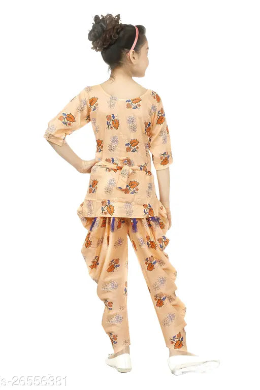 Girl's Cotton Linen Orange Top & Orange Dhoti Pant Set