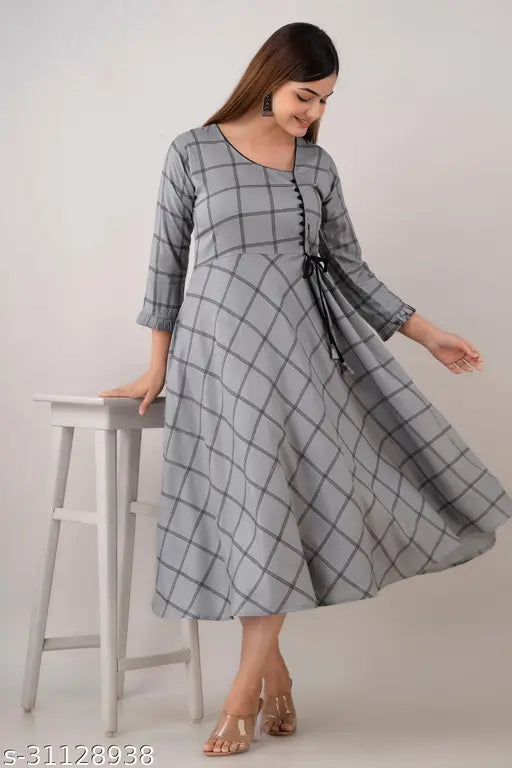 Kapadia Fancy Long Grey Color Checks Kurti (Party Wear)