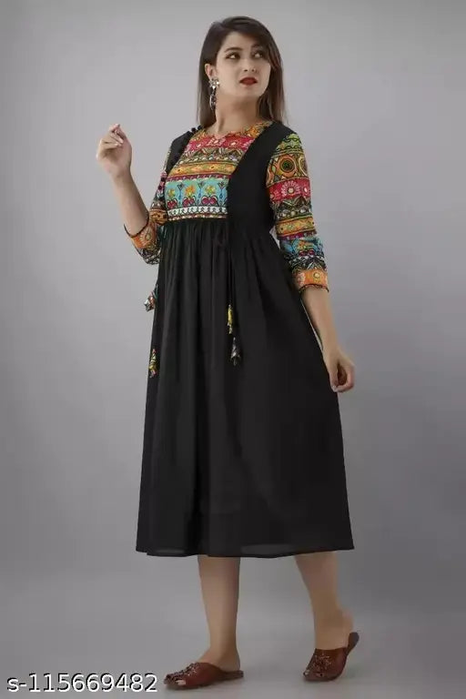 Women's Printed Rayon Long Black Anarkali Kurta