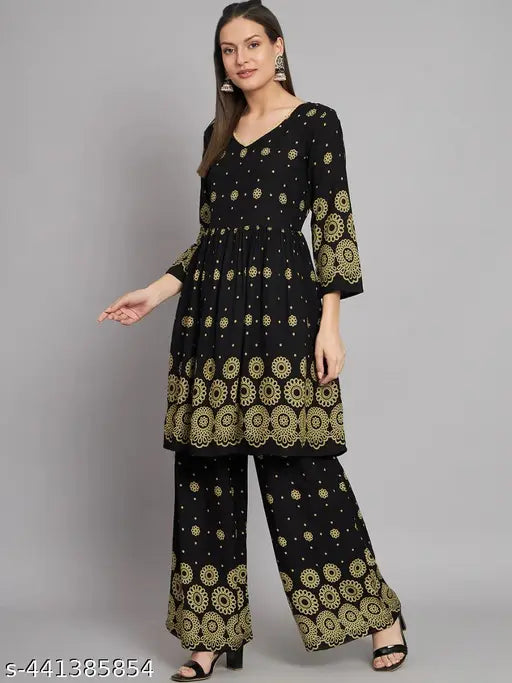 Floral Printed Pleated A-Line Kurta With Palazzos