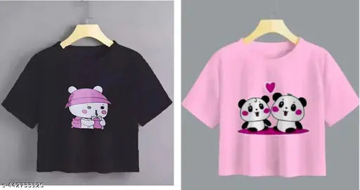 Cute women crop top cartoon printe&round reck pink color combo set