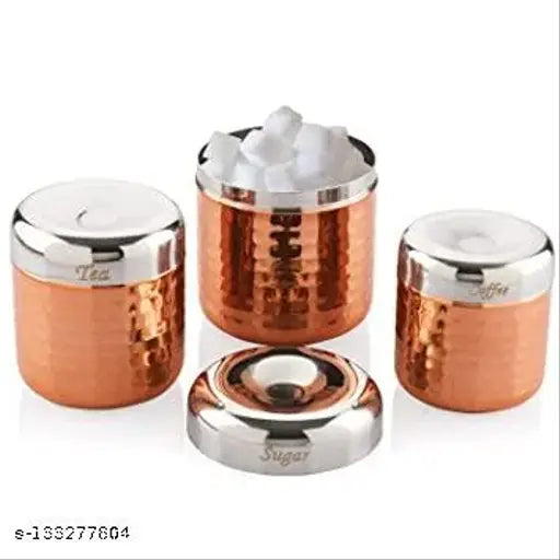 Premium Copper Jar Container Set of 3 for Tea, Sugar, Coffee, Dryfruit, Masala Kitchen Dabba Set Storage Set Organiser Sugar Tea Coffee Dryfruit Cannister Set Gifting for home