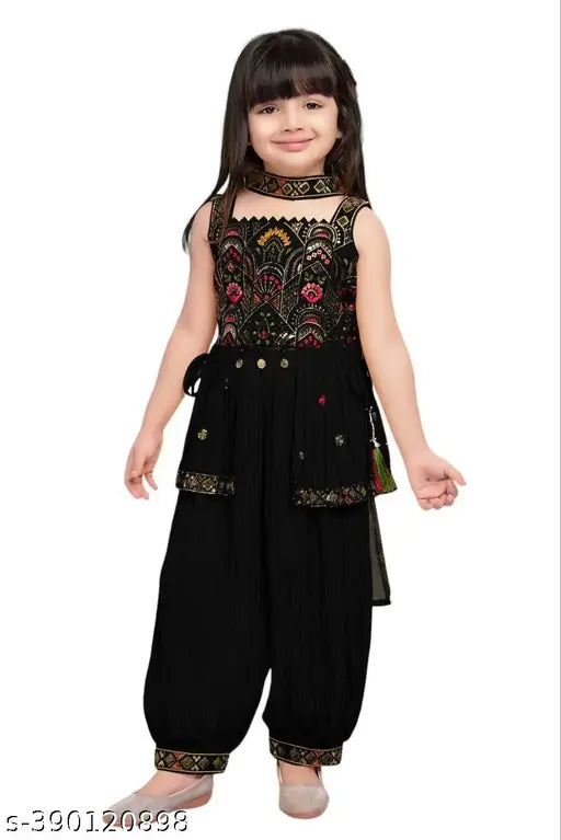 "BLACK SEQUINS AND MULTICOLOR THREAD WORK PEPLUM TOP AND AFGHANI SET FOR GIRLS"