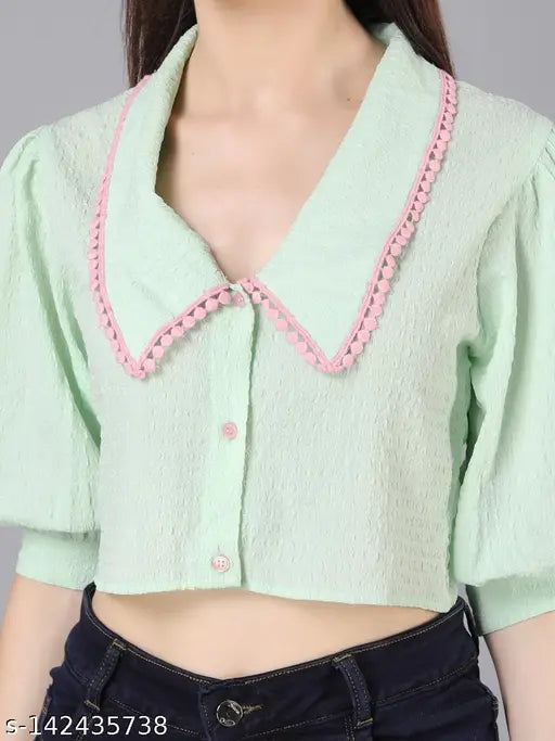 Jakanary Mint Green Stretchable Textured Long collared Contrast Lace Cotton Crop Shirt Tops