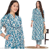 Blue & White Floral Printed Cotton Blend Rayon Anarkali Kurta Pant Set with Pockets Gotta Patti Detailing 3/4 Sleeves