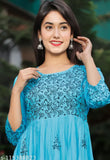 Women Sky blue Rayon Hand Block Print Detail Anarkali Kurti