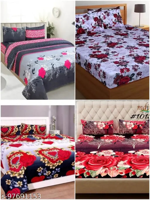 BSR TEXTILE Indian Glace Cotton 3D Printed 180 TC Double Bed Besheet Combo Of 4 Double Bed Bedsheet Size (90*90) With Matching 8 Pillow Covers Size (27*17)