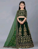 Lehanga choli Green color Kids ethnic Wear Semi-stitched Embroidered Velvet Lehenga Choli & Dupatta set For Baby Girls