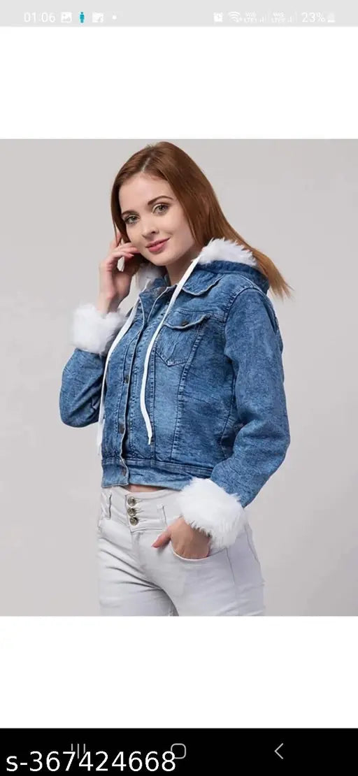 Trendy women Blue Denim full sleeves buttoned cropped jacket with Collar Sleeves Furr