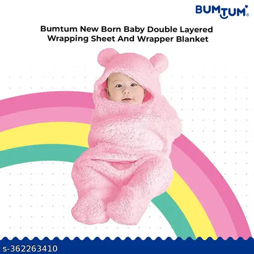 BUMTUM 3-in-1 Hooded Baby Soft Blanket Wrapper| Double Layered Swaddle For New Born Babies(Boys & Girls) 0-6 Months, Travel-Friendly (Pink)