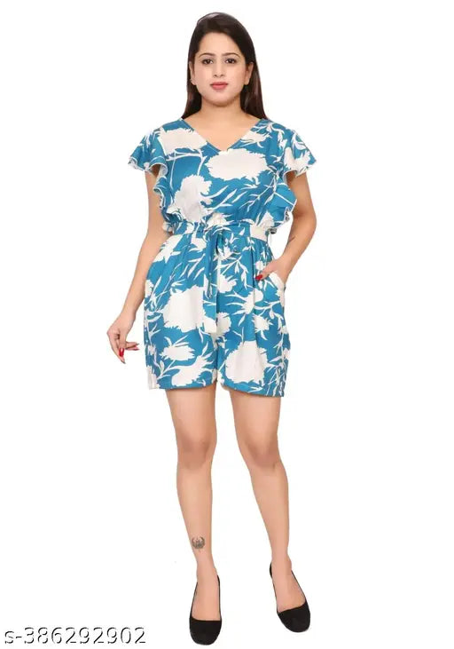 Ladik way Blue printed Casual short jumpsuit for women and girls Floral print short jumpsuit, Stylish V neck jumpsuit for women and girls, Girls' back zip closure jumpsuit, Women printed short jumpsuit, Short sleeves jumpsuit, Summer jumpsuit women and