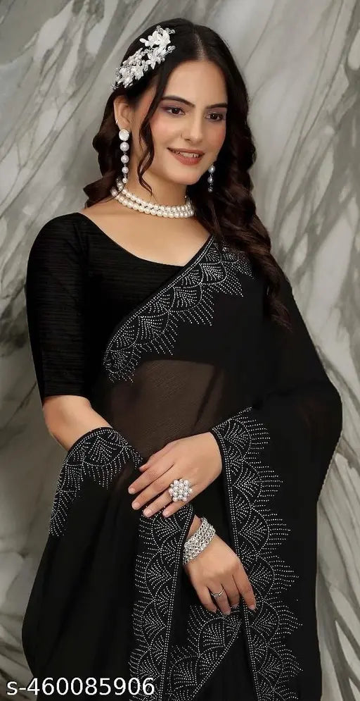 Black Latest Emblished Hotfix Diamond Cutwork Border Party Wear Saree | wedding saree |Best quality | M-Trusted saree| saree Daily wear saree | Saree with Unstiched blouse