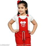 Cute Comfy Kids Trendy Girls Pretty Stylish Latest Fashionable Red Dungaree 1 Half Sleeve White T Shirt & 1 Mickey Mouse Printed Red Dungaree Cotton Blend Frocks & Dresses 1-2 Years, 2-3 Years, 3-4 Years, 4-5 Years & 5-6 Years