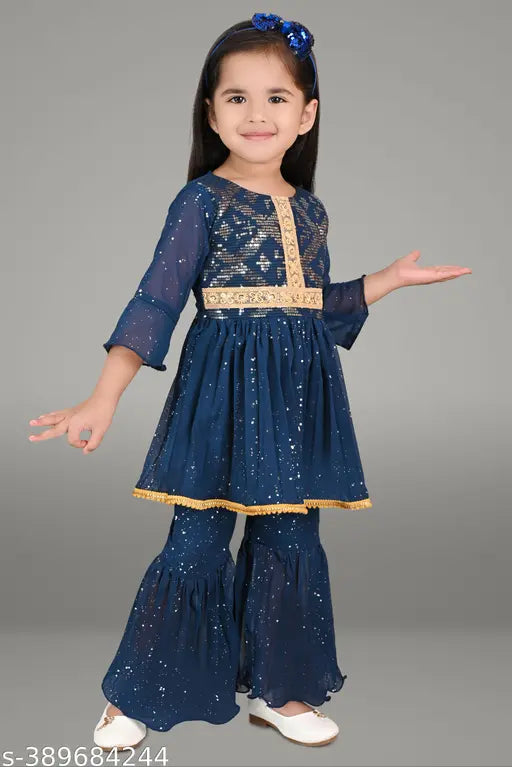 "Adorable Anarkali Bliss: Girls' Purple, Teal, Maroon Coloured Kurti and Palazzo Set for 2-4 Years - Trendy Ethnic Wear for Little Fashionistas!"(Pack of 1)