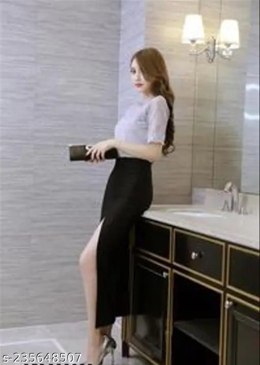 Formal Pencil Skirt, Women's Stretchable Skirt, Calf Length Pencil Skirt With Elasticated Waist