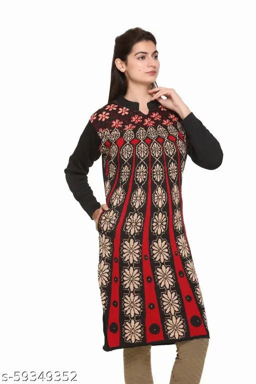 Women's A-line Self-Design Black Woollen Kurti