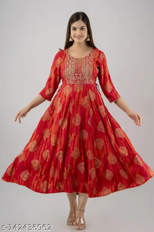 Women reyon Embroidered & gold print anarkali kurta (orange &pink)