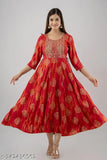 Women reyon Embroidered & gold print anarkali kurta (orange &pink)