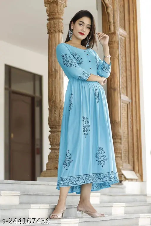 Women Sky Blue & Black Block Print Detail Anarkali Kurti womens kurti