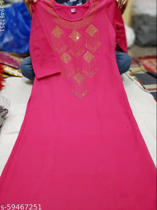 Trendy Pink Woolen Quarter Sleeve Golden Embellished Work Round Neck Kurti For Women