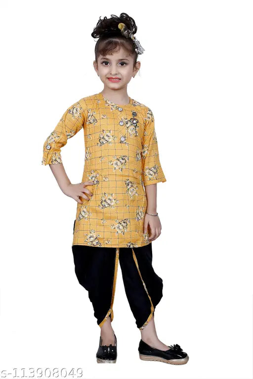 RK Collection Kids Party/Festive Mustard (Yellow) Designer Checked Patiala Suit For Girls