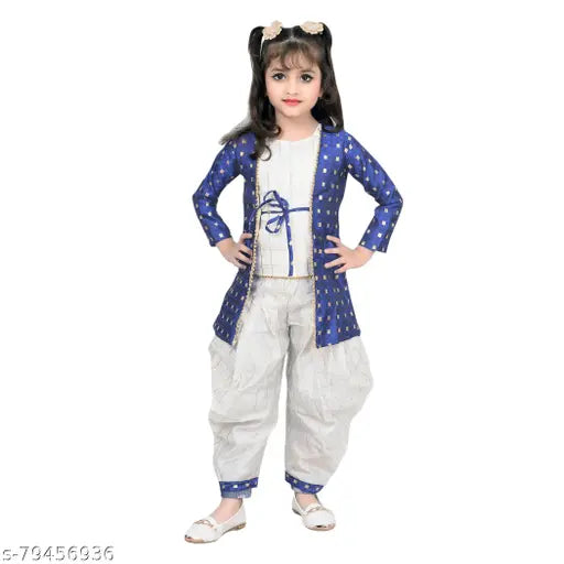 Hariyal Creation Kids Party/Festive Designer White Checked Kurta Salwar with Coti Suit For Girls