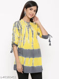 Kipek Women's Yellow & Grey Tie Dye Printed 60's Cambric Tunic with Sleeves Tie-up Tops & Tunic