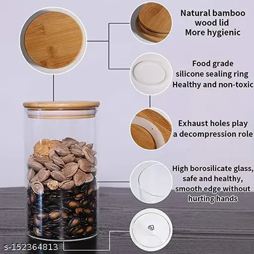 VRS MALL Borosilicate Glass Container, Glass Jar, with Bamboo Airtight Lid, 4 Pcs Jar - 1000 ml Glass, Wooden Cookie Jar (Pack of 4, Clear)