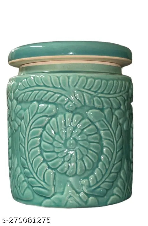 SOULCRAFTZ Ceramic Floral Jar || Pickle jar Storage Container || Cookie jars || Multi Utility Storage Jar || 1000 ml ceramic jars || Kitchen storage jars || Spice storage jars || Spice storage jars || Turquoise jar || Set of 2 ||