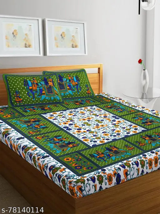 Cotton Bedsheet Combo Pack 2 Bedsheet with 4 Pillow Cover ( 1 Gangor Green+1 Other Trendy )