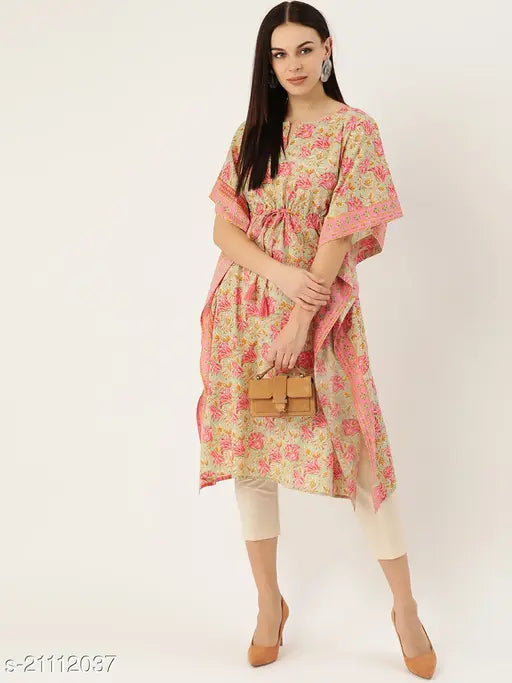 Maaesa Cotton Green & Pink Kaftan Kurti