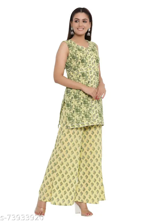 SUTEEH Women's Pure Cotton Floral Printed Straight Kurti with Palazzo Set